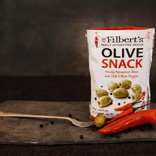 Mr Filberts Olive Snacks Pitted Green Olives with Chilli & Blackpepper Food Cupboard M&S   