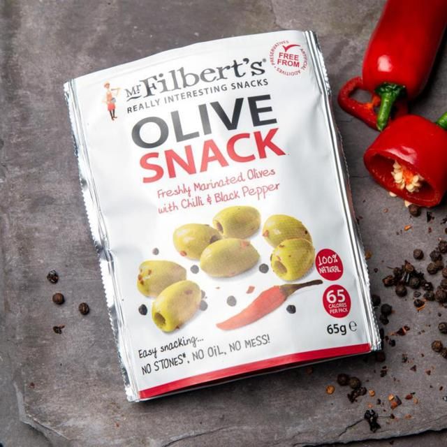 Mr Filberts Olive Snacks Pitted Green Olives with Chilli & Blackpepper Food Cupboard M&S   