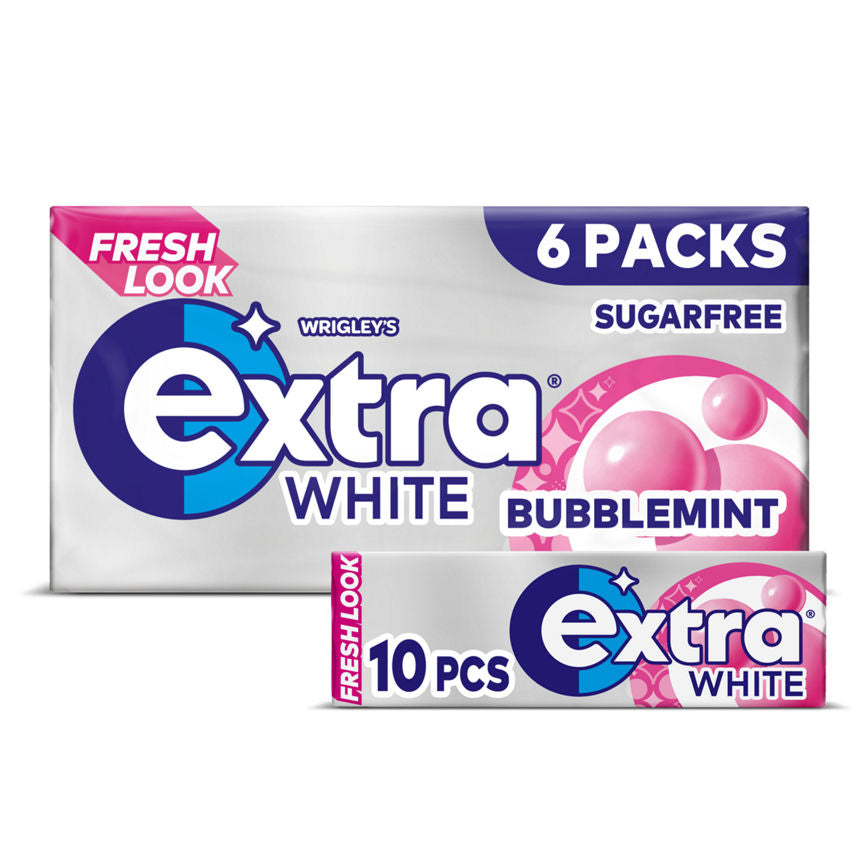 Wrigley's Extra White Bubblemint Chewing Gum Sugar Free Multipack 6 x 10 Pieces Snacks & Confectionery ASDA   