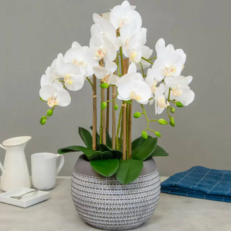 Artificial Large White Orchid in Ceramic Pot