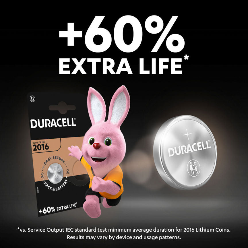 Duracell Specialty 2016 Lithium Coin Battery 3V, pack of 2 (DL2016/CR2016)