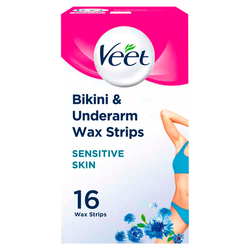 Veet Wax Strips Bikini & Underarms for Sensitive Skin, 16 Wax Strips