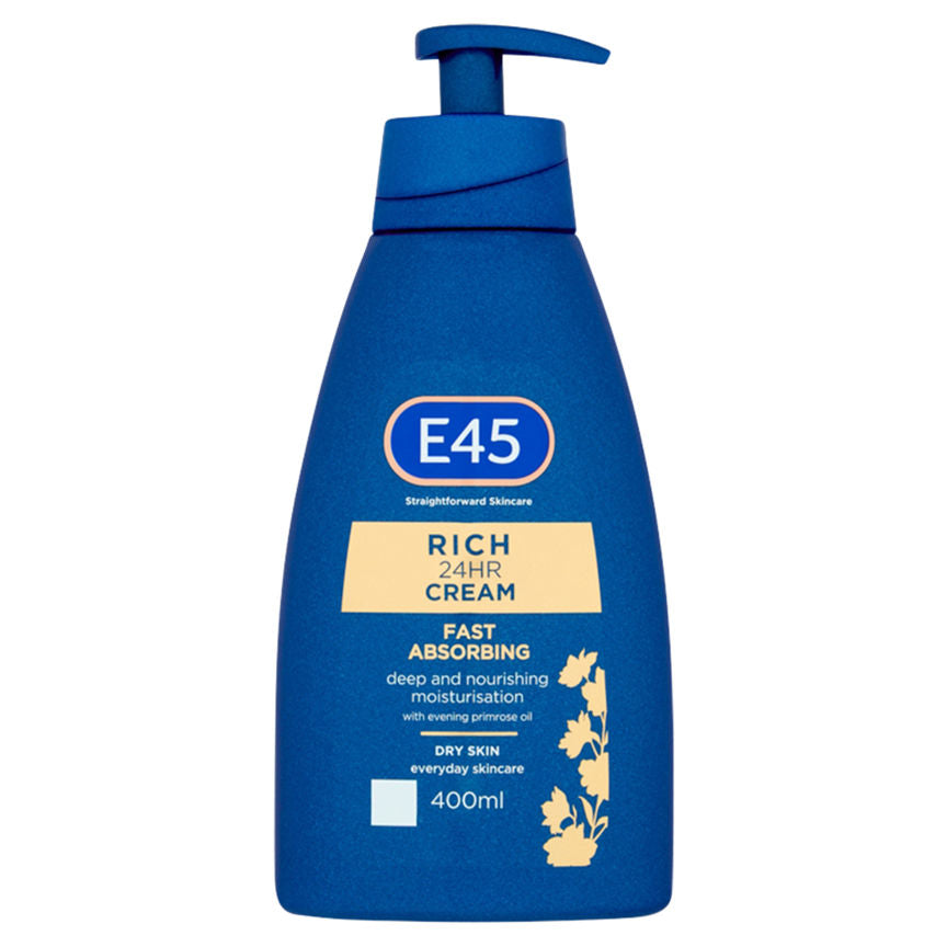 E45 Rich 24H Fast Absorbing Moisturiser cream, body, face and hands cream for dry skin 200m