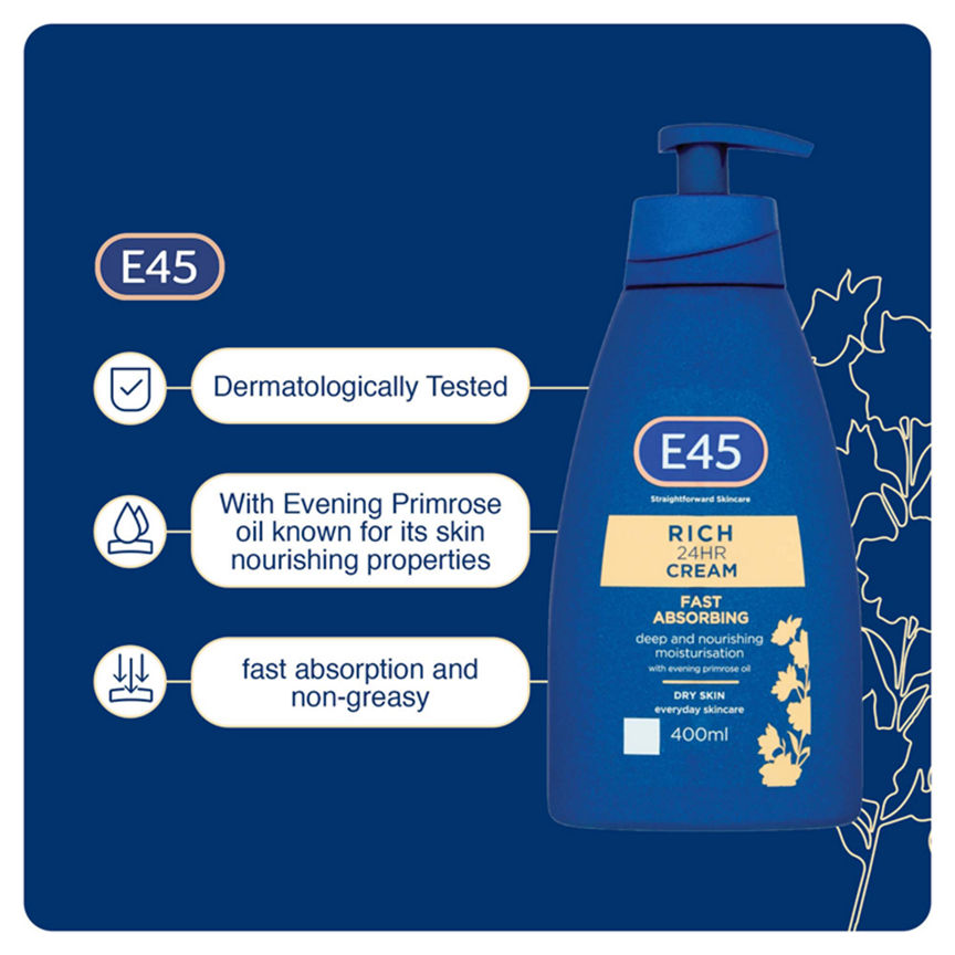 E45 Rich 24H Fast Absorbing Moisturiser cream, body, face and hands cream for dry skin 200m