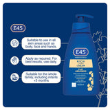 E45 Rich 24H Fast Absorbing Moisturiser cream, body, face and hands cream for dry skin 200m Body Care ASDA   