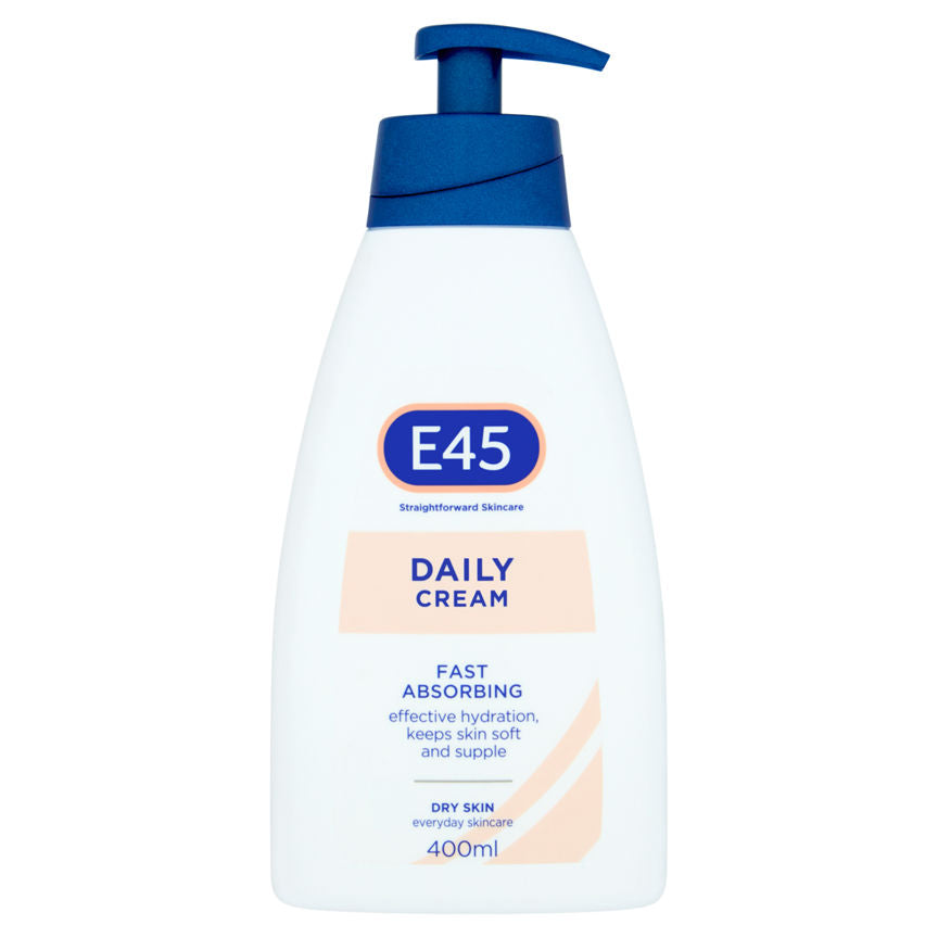 E45 Daily Fast Absorption Moisturiser Cream, body, face and hands cream for dry skin Pump