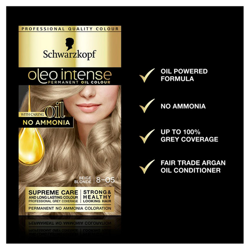 Schwarzkopf Oleo Intense 8-05 Beige Blonde No Ammonia Permanent Hair Dye Hair Colourants & Dyes ASDA   