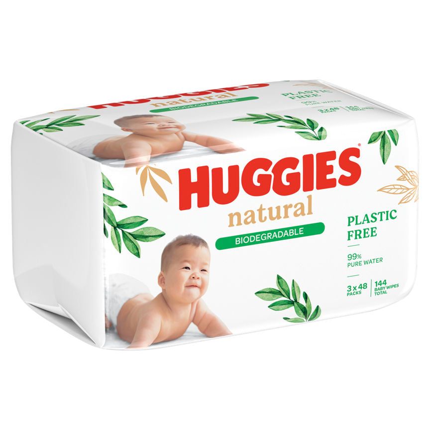 Huggies Natural Biodegradable Baby Wipes - 3 packs of 48 wipes (3 x 48 wipes per case)