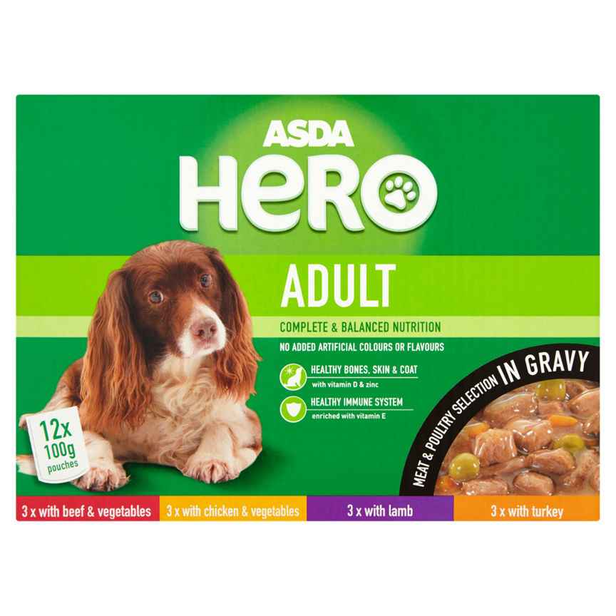 ASDA Hero Adult Meat & Poultry Selection in Gravy Adult Dog Food Pouches Dog Food & Accessories ASDA   