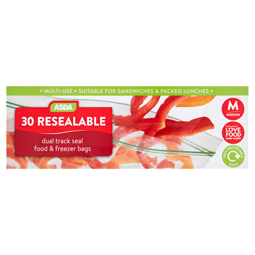 ASDA 30 Resealable Dual Track Seal Food & Freezer Bags Medium Accessories & Cleaning ASDA   