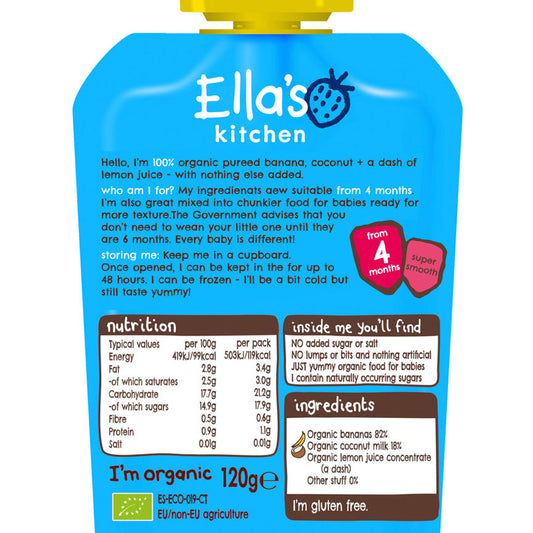 Ella's Kitchen Organic Bananas and Coconuts Baby Pouch 4+ Months Baby Food ASDA   