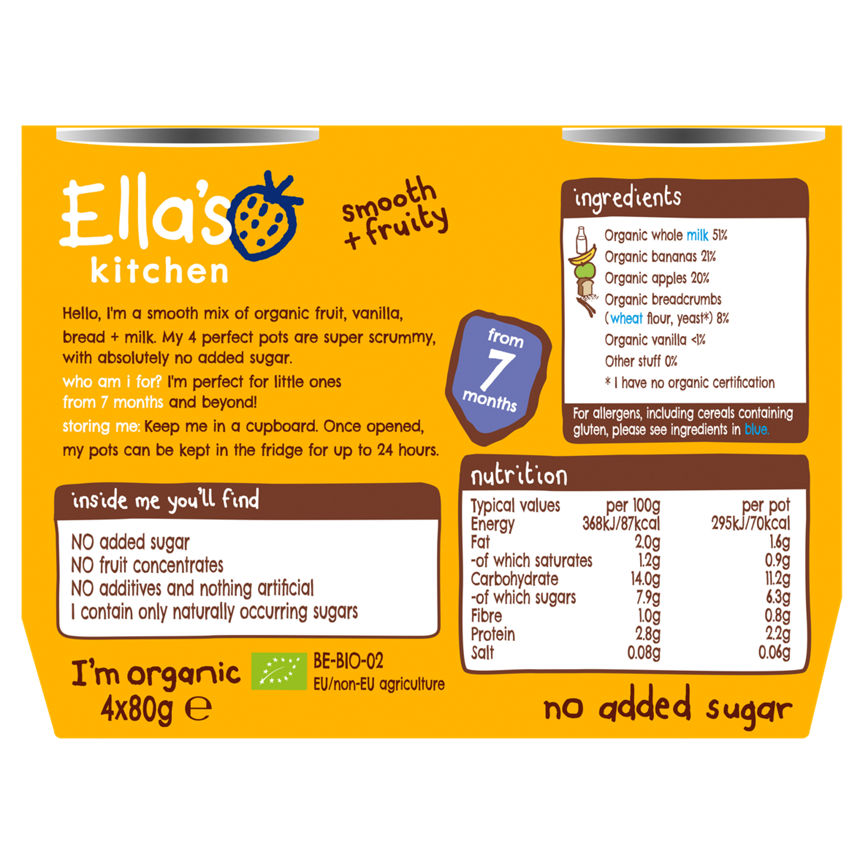 Ella's Kitchen Organic Banana and Vanilla Bread Pudding Baby Dessert Pot Multipack 7+ Months Baby Food ASDA   