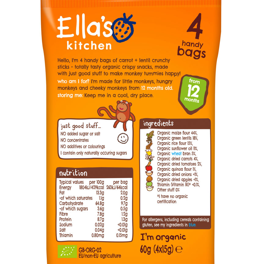 Ella's Kitchen Organic Carrot and Lentil Crunchy Sticks Multipack Snack 12+ Months