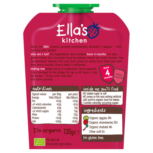 Ella's Kitchen Organic Strawberries, Rhubarb and Apples Baby Pouch 4+ Months Baby Food ASDA   