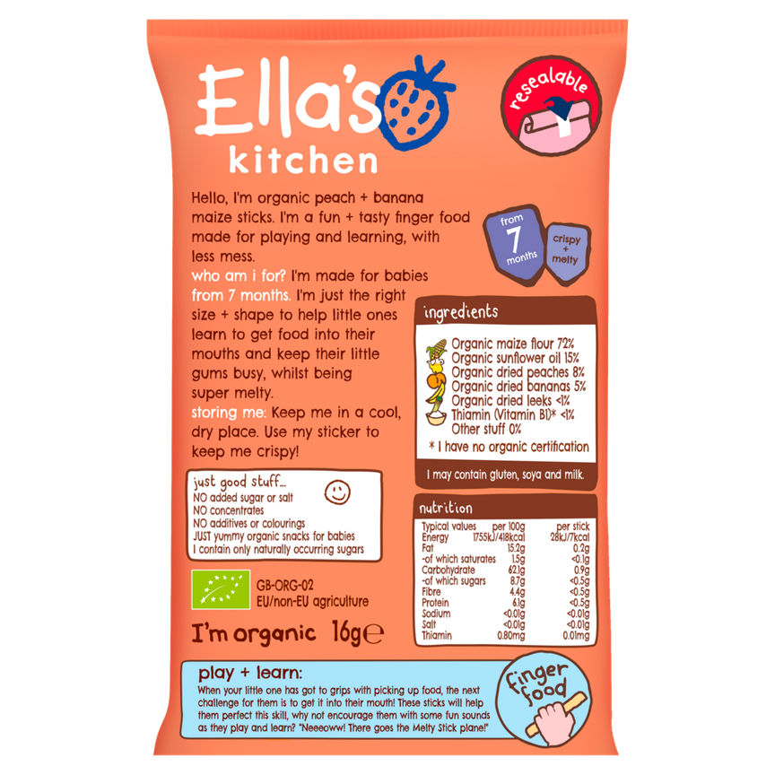 Ella's Kitchen Organic Peach and Banana Melty Sticks Baby Snack 7+ Months GOODS ASDA   