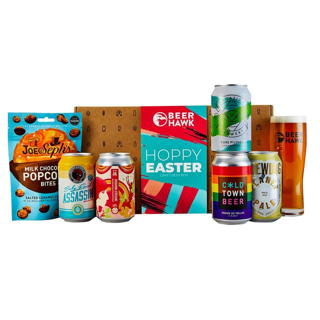 Beer Hawk "Hoppy Easter" Gift Box 5 Craft Beers, Chocolate Popcorn & Glass Beer & Cider M&S Title  