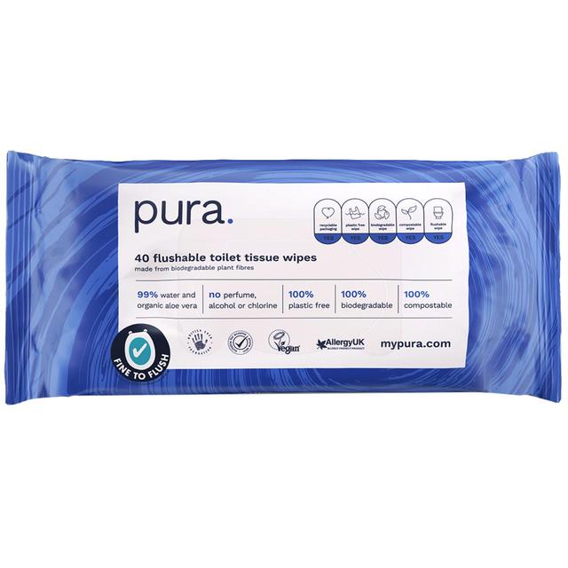 Pura 100% Plastic free, biodegradable flushable toilet wipes (40 wipe pack) Speciality M&S   