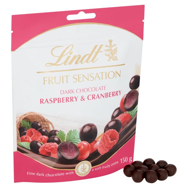 Lindt FRUIT SENSATION Dark Chocolate with Raspberry & Cranberry Pouch Food Cupboard M&S   