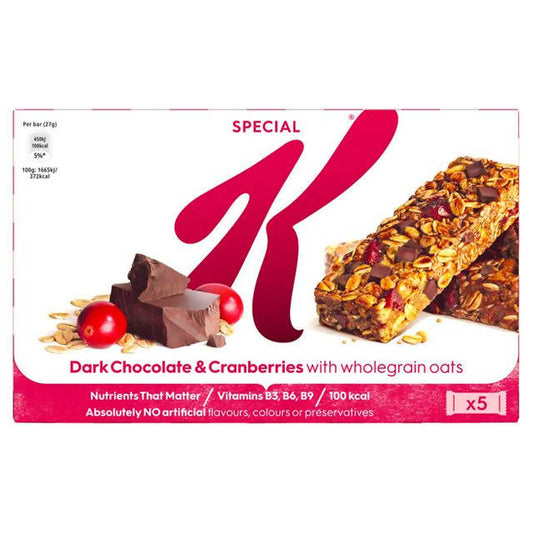 Kellogg's Special K Bar Dark Chocolate & Cranberries 5x27g cereal bars Sainsburys   