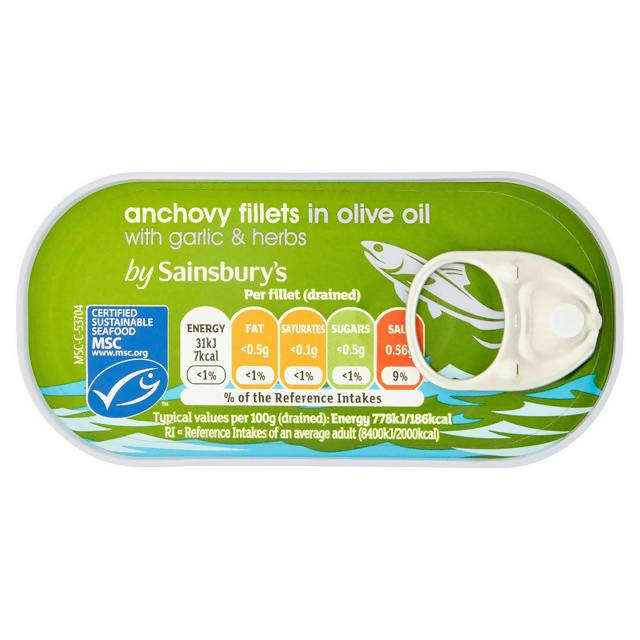 Sainsbury's Anchovy Fillets in Olive Oil with Herbs & Garlic 50g (30g*)