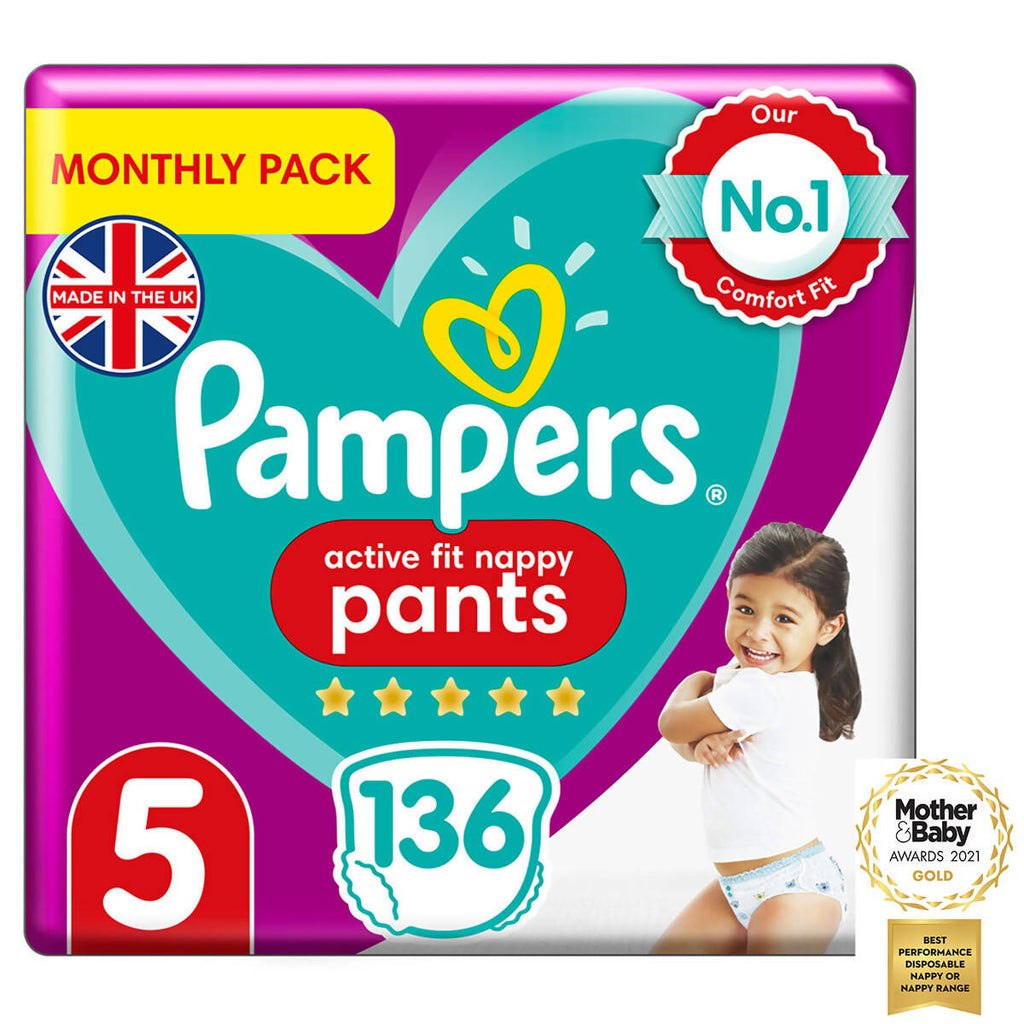 Pampers Active Fit Nappy Pants Size 5, 2 x 68 Pack