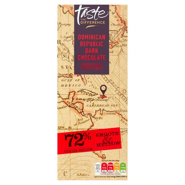 Sainsbury's Dominican Republic 72% Dark Chocolate, Taste the Difference 5x25g - McGrocer