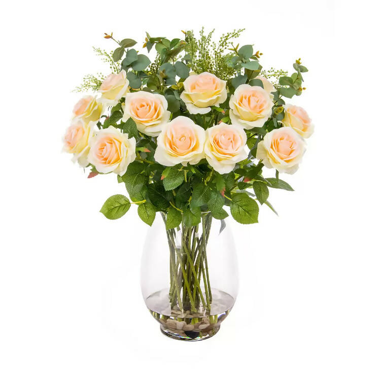 Artificial Pink Roses and Mixed Foliage in Glass Vase Faux Flowers Costco UK   