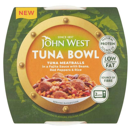 John West Tuna Bowl Tuna Meatballs in a Fajita Sauce with Beans, Red Peppers & Rice 220g Instant snack & meals Sainsburys   