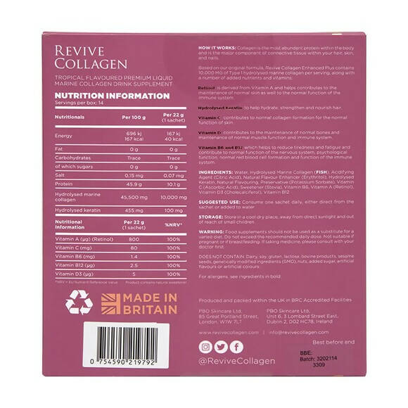 Revive Collagen Enhanced Plus Premium Liquid Marine Collagen Drink 10,000mgs 14 Sachets GOODS Holland&Barrett   