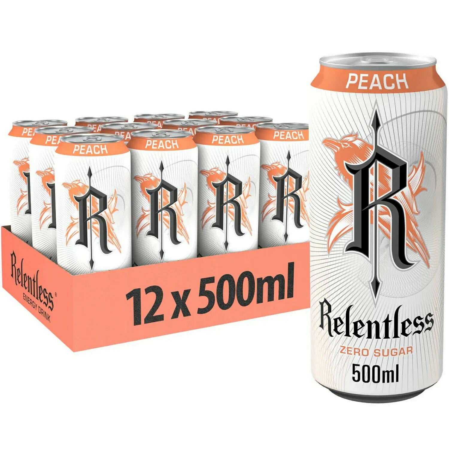 Relentless Peach Zero Sugar Energy Drink 12 x 500ml Energy and Sports Drink McGrocer Direct   