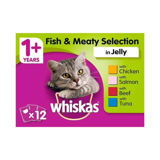 Whiskas Adult Wet Cat Food Pouches Fish & Meat in Jelly 12 x 100g Cat pouches & trays Sainsburys   