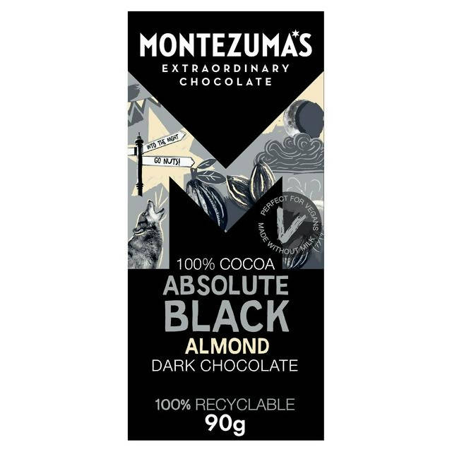 Montezuma's Absolute Black 100% Cocoa Solids with Almonds Dark Chocolate Bar 90g