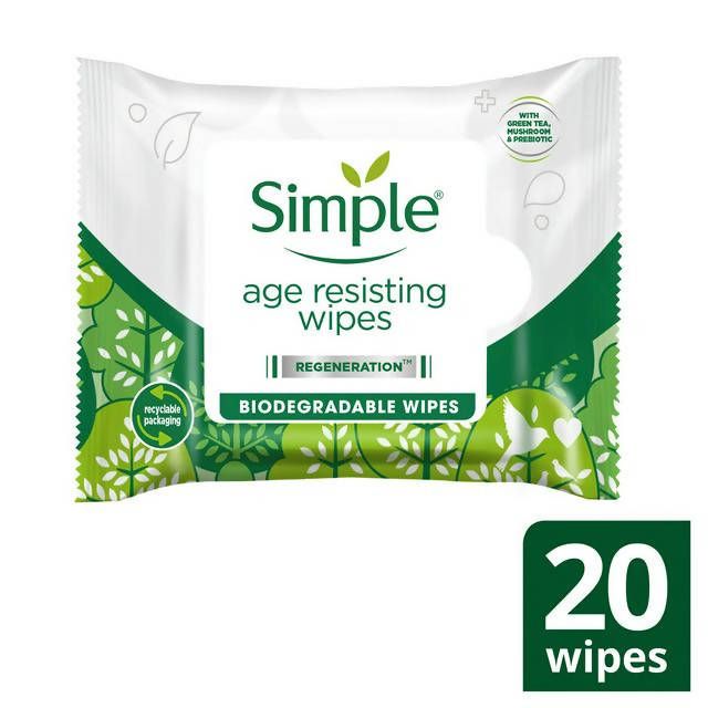 Simple Age Resisting Facial Wipes Regeneration Biodegradable Cleansing Make Up Remover x20