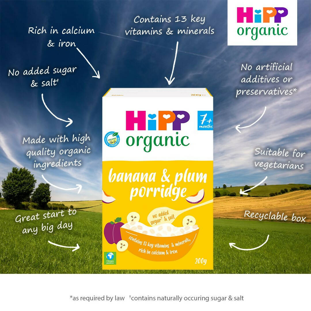 HiPP Organic Banana & Plum Porridge Baby Cereal 7+ Months (4 x 200g) Porridge Baby Cereal McGrocer Direct   