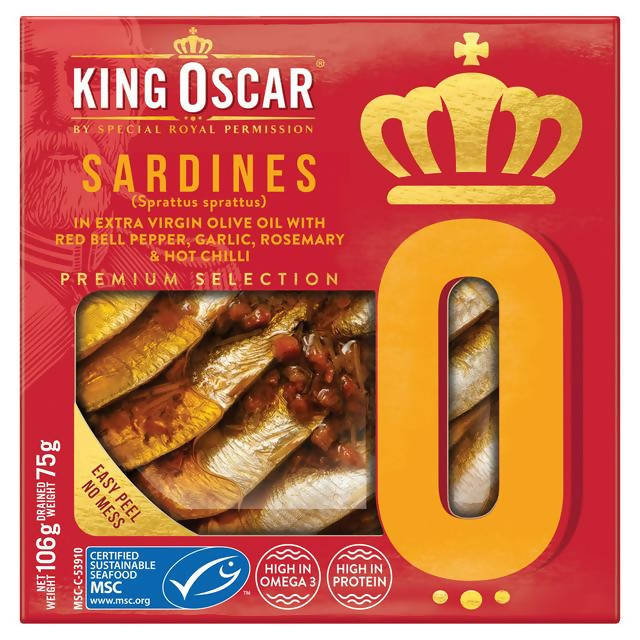 King Oscar Sardines in Extra Virgin Olive Oil with Red Bell Pepper, Garlic, Rosemary & Chilli 106g Fish Sainsburys   