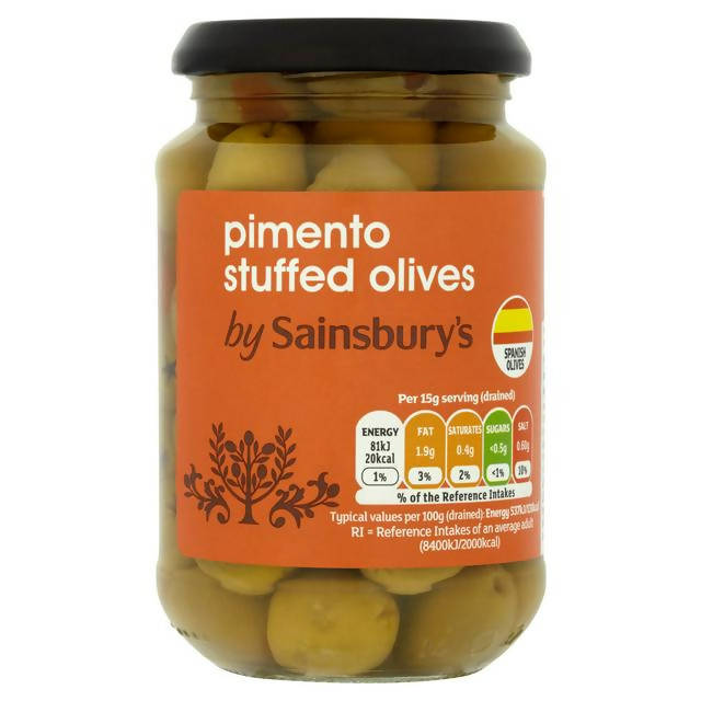 Sainsbury's Pimento Stuffed Olives 350g (200g*) - McGrocer