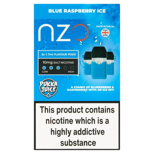 NZO Pukka Juice Blue Raspberry Ice Re-Fill Cartridge Salt Nicotine 10mg smoking control Sainsburys   
