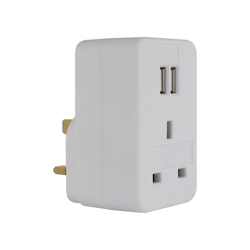 Status Plug Through Adaptor White with 2 x USB Ports and Surge Protected DIY ASDA   