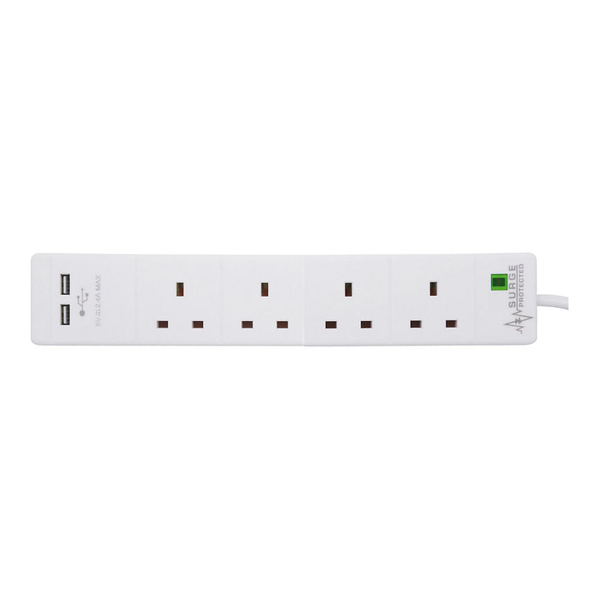 Status 4 Socket, 2 Metre Surge Protected Extension Lead + 2 x USB ports 13 Amp