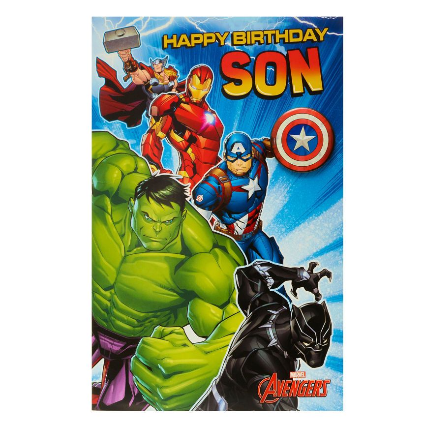 Disney Marvel Avengers Son Birthday Card with Badge