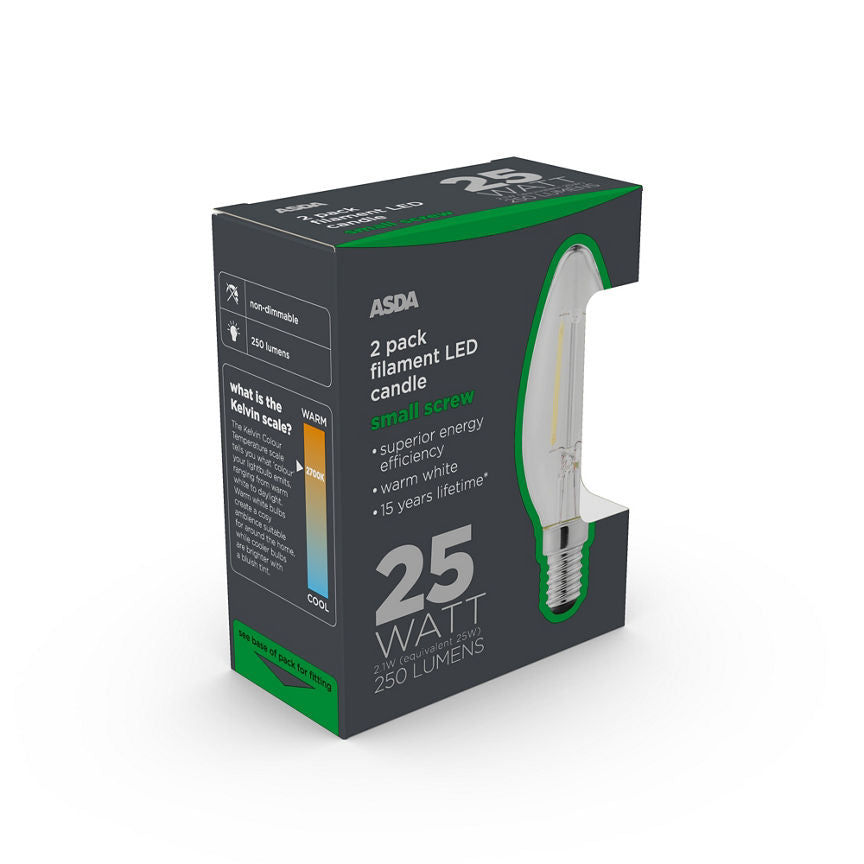 ASDA LED Filament Candle 25W Small Screw Clear Lightbulb General Household ASDA   