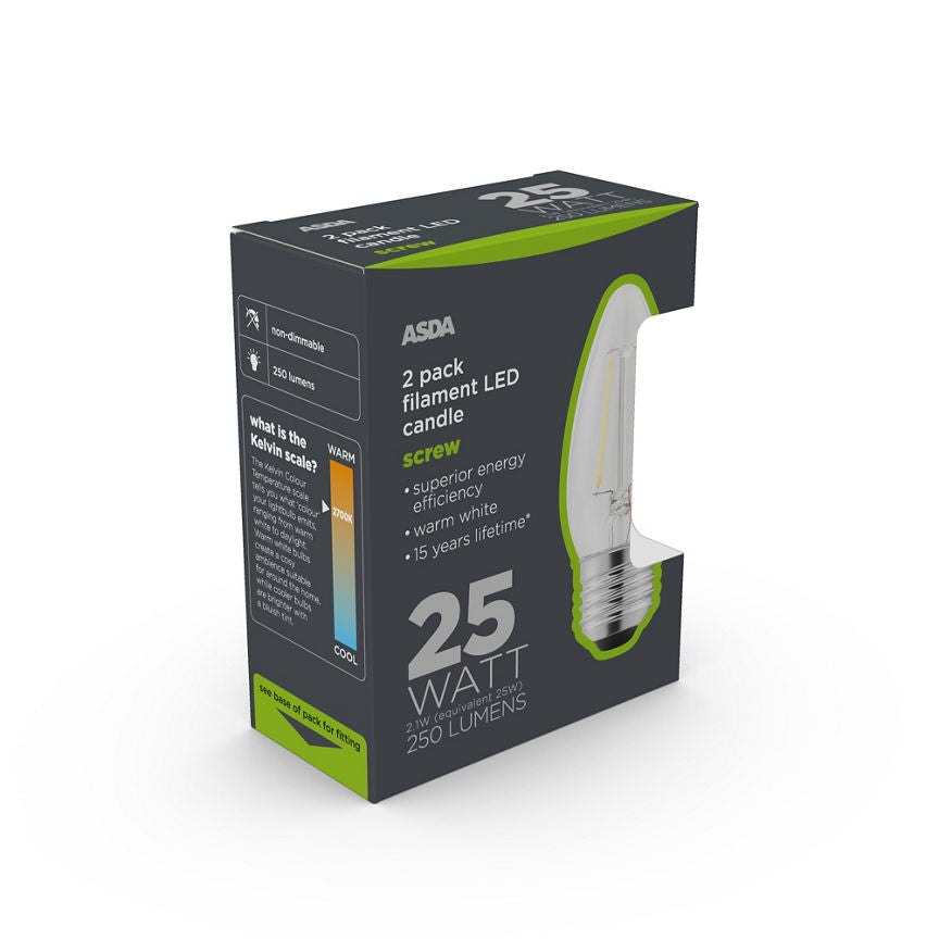 ASDA LED Filament Candle 25W Large Screw Clear Lightbulb General Household ASDA   