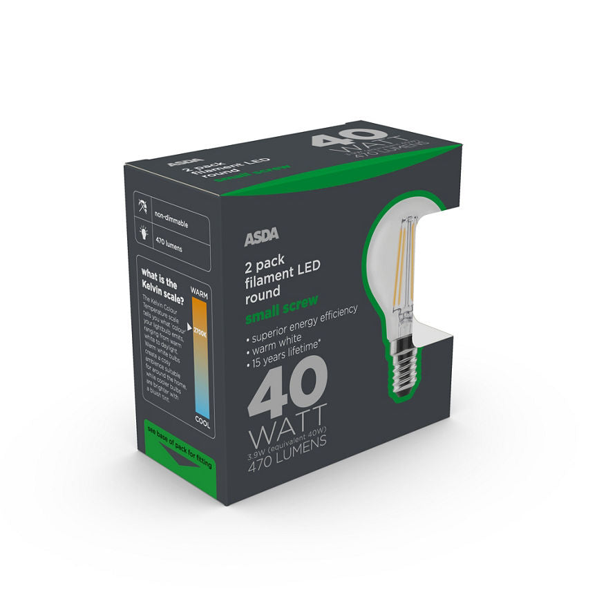 ASDA LED Filament Round 40W Small Screw Clear Lightbulb