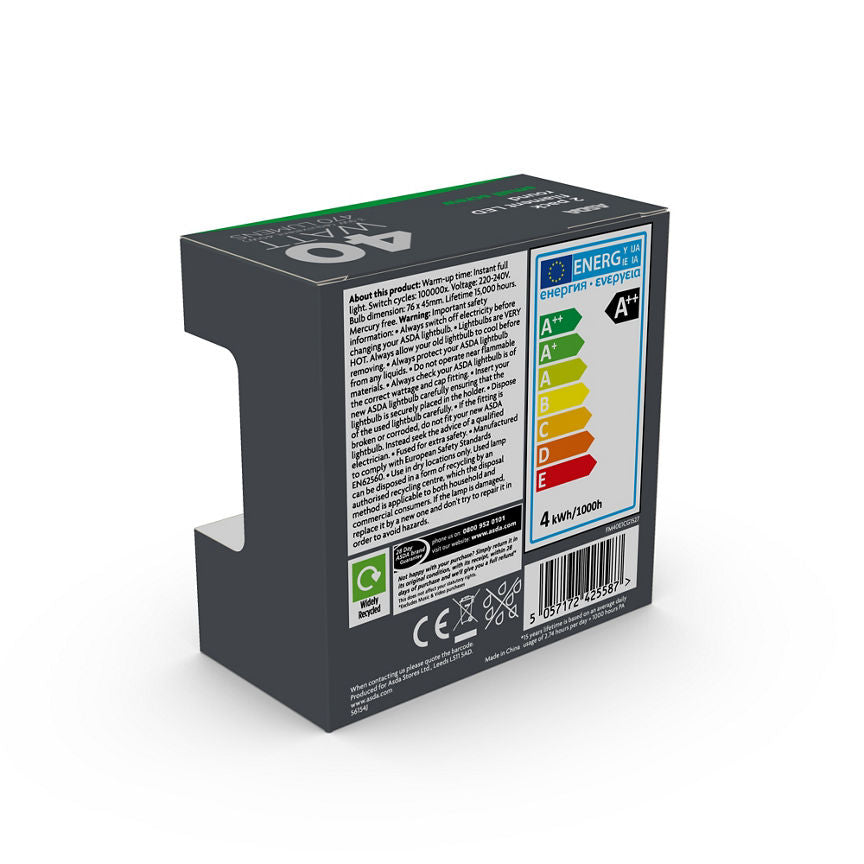 ASDA LED Filament Round 40W Small Screw Clear Lightbulb