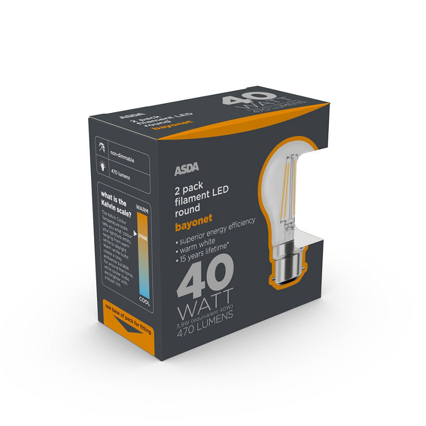 ASDA LED Filament Round 40W Large Bayonet Clear Lightbulb