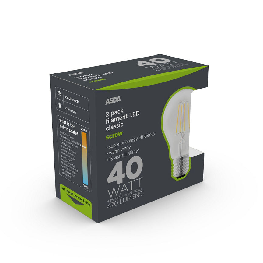 ASDA LED Filament CLASSIC 40W Large Screw Clear Lightbulb General Household ASDA   