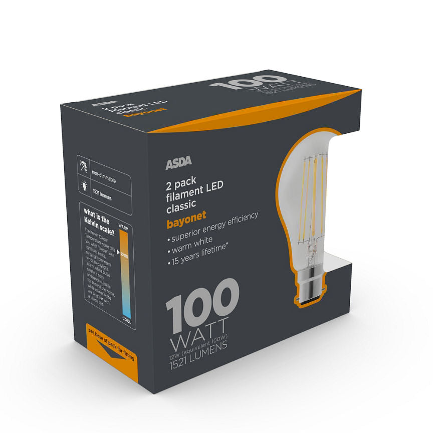 ASDA LED Filament Classic 100W Large Bayonet Clear Lightbulb