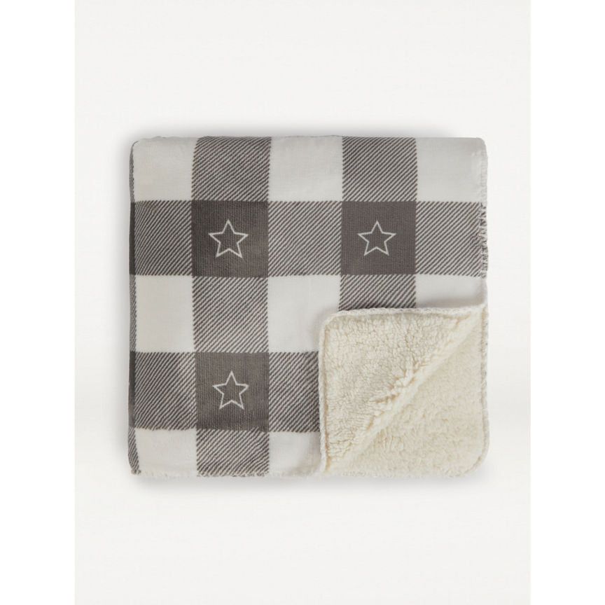 George Home Grey Gingham Check Sherpa Throw