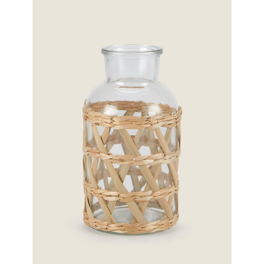 George Home Clear Bottle Vase With Handwoven Rattan Detail