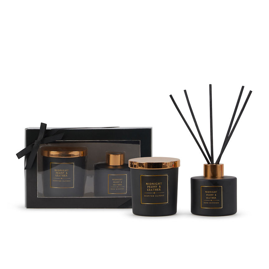 George Home Classics Midnight Peony and Leather Candle and Reed Gift Set - McGrocer